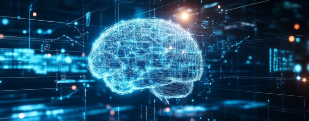 Poster - A digital illustration of an AI brain with a bright blue and white color theme