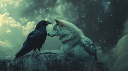 Raven and Wolf Under a Starry Sky - A raven and a wolf stand side-by-side, gazing at each other under a starry night sky, symbolizing friendship, companionship, and the connection between nature and t