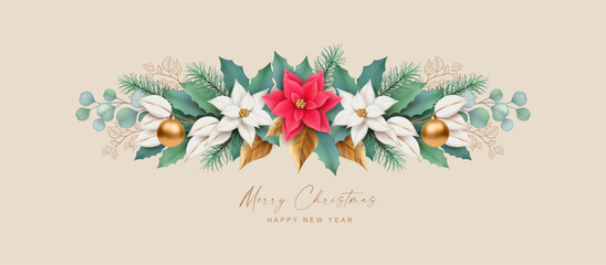 Sticker - Christmas garland of Flowers, fir branches, golden leaves and red berries on a white background. Christmas and New Year banner