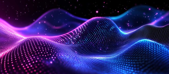 Poster - Abstract wave of data and circuit lines in blue, purple and black background