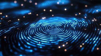 Poster - Biometric Pattern: Abstract fingerprint pattern, glowing blue lines on dark background,