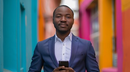 Confident businessman with phone standing by vibrant urban background.