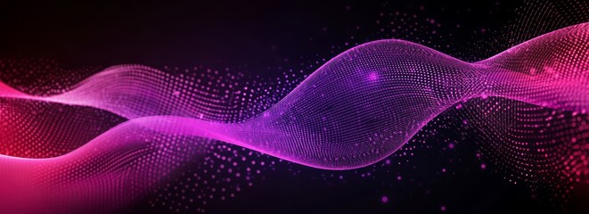 Poster - Futuristic digital background with pink and purple gradient, complex mesh pattern, and wave-like design on a black backdrop