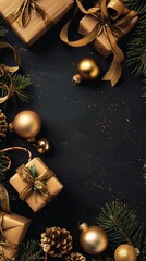 Poster - A black background with gold ribbons and a bunch of Christmas gifts