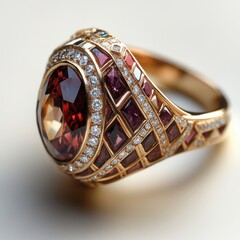 Close-up of a luxurious gold ring with garnet and diamond accents in intricate design