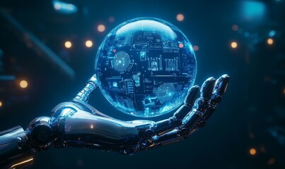 Poster - An AI robot hand holding a glowing blue circular hologram, symbolizing artificial intelligence and technology