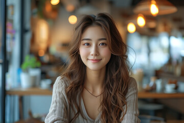 Wall Mural - Smiling young woman in cozy cafe environment with soft lighting