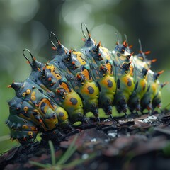 Close-up of a colorful caterpillar with vibrant patterns and textures on a forest floor.