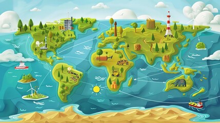 Poster - Draw a world map with an emphasis on natural resources, marking locations of oil fields, mines, and forests.