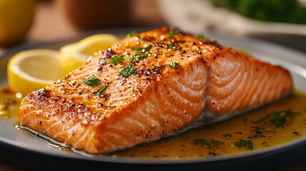 Closeup of grilled salmon with lemon and herbs on a plate, blending the rich and savory flavors of a healthy dish in a visually appealing and mouthwatering presentation.