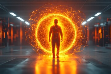 Poster - A figure stands in a futuristic tunnel with fiery orange energy swirling around symbolizing transformation power and the harnessing of raw elemental energy in a high tech environment