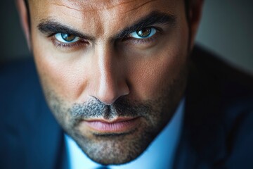 Close-up of a handsome Dubai businessman with a serious and intense expression. He is wearing a business suit. His eyes are focused, giving the impression of urgency or attention with generative ai