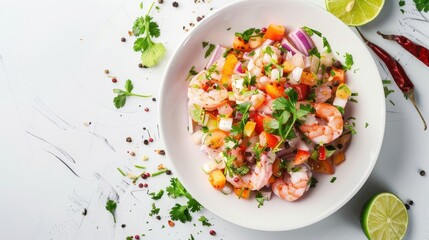 Wall Mural - A plate of shrimp and vegetables with a lime on the side