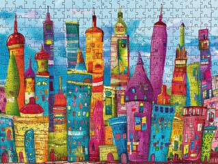 Wall Mural - A colorful cityscape puzzle with many buildings and a blue sky