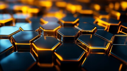 Fototapete - A stunning abstract pattern featuring hexagonal shapes intertwined with glowing light. The combination of dark and golden colors gives it a modern tech look. Perfect for digital art or design. AI