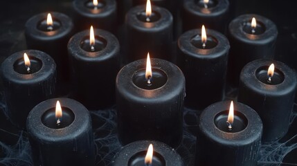 Group of black candles burning in the dark, creating a mystical and eerie atmosphere. Perfect for Halloween, meditation, and spiritual themes.