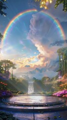 Sticker - A rainbow is seen in the sky above a lush green forest