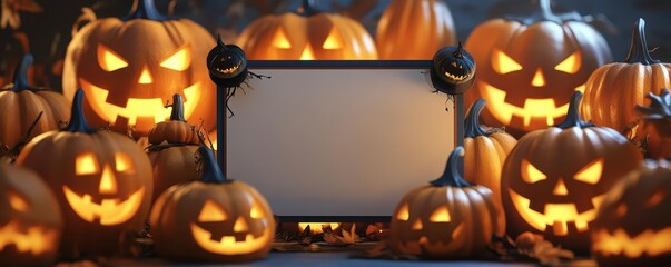 Wall Mural - Halloween-themed frame surrounded by carved jack-o'-lanterns with glowing faces, perfect for holiday season designs and spooky decorations.