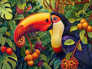 A colorful painting of a toucan eating fruit