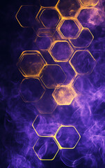 Poster - Smoky hexagon hive: A cluster of hexagons with purple and yellow smoke on a dark background, evoking a mysterious and atmospheric feel.