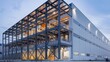 © BISO - A modern logistics warehouse building with a steel structure. The building has multiple levels and is illuminated from within.