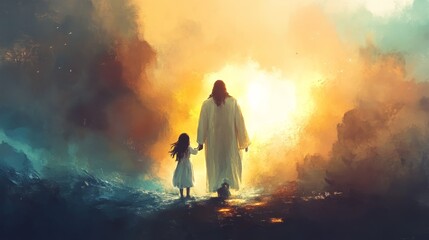 Inspirational digital artwork of jesus guiding a little girl towards light in a serene setting