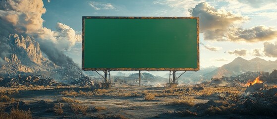 Futuristic Advertising: Billboard Green Screen Mockup on Dramatic Battlefield Background