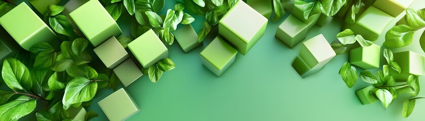 Poster - Green Cubes and Leaves Abstract Background.