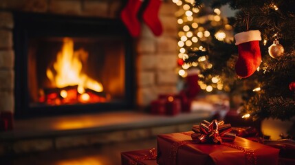 Cozy home christmas atmosphere with a burning fireplace, gifts, and a beautiful tree