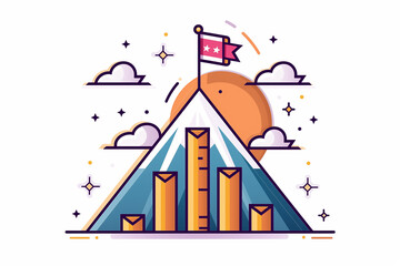 A vibrant mountain rises with a colorful flag fluttering atop while a bar chart symbolizes growth and achievement, set against a serene sunset background