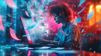 An office worker typing on a computer with mildly exaggerated colors and floating papers