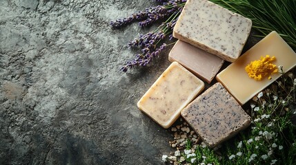 Aufkleber - Handmade natural soaps at bazarNatural soap bars and ingredients lavender cotton patchouli  on natural stone background top view Handmade organic DIY soap Zero waste cosmetics concept : Generative AI