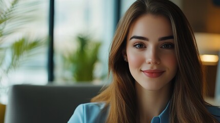 Poster - Attractive businesswoman talking with a business partner on a video chat, professional and engaging