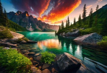 Wall Mural - breathtaking landscapes inspiring adventure exploration majestic lush serene lakes under vibrant skies, mountain, forest, sky, nature, scenery