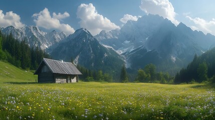 mountain landscape hut nature sky alps mountain hut house forest summer mountain range milk wagon karwendel panorama blue grass meadow bavaria alpine view mountain landscape summit : Generative AI