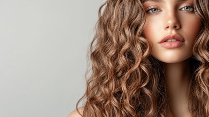 Beautiful Woman with Long Curly Hair - Portrait of a beautiful woman with long, voluminous curly hair, exuding natural beauty and confidence in a minimalist setting.