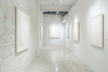 Poster - Contemporary art gallery with pristine white walls and abstract white brick texture accent walls.