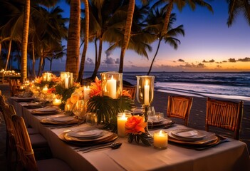 enchanting candle lit dinner setup serene beach soft lighting elegant tableware surrounded lush tropical scenery, ocean, sunset, sand, decor, flowers, chairs