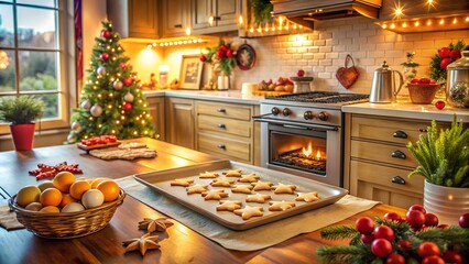 A cozy kitchen with holiday cookies baking in the oven and decorations all around