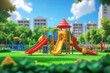 © Patcharaphon - 3d cartoon of children's outdoor playground, play area in backyard green grass field in the city