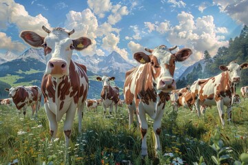 Wall Mural - A group of cows peacefully grazing on a lush green field, a serene and idyllic scene