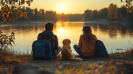 Couple camping and lake in nature with dog for freedom adventure travel with sustainability Man woman and pet in countryside by water for relax on vacation happiness for holiday enviro : Generative AI