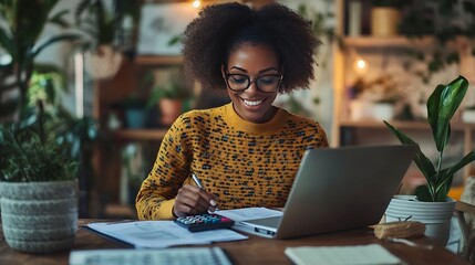 Poster - Smiling woman managing finances at home using laptop calculator and documents in cozy living room Concept of home budgeting financial planning and remote work : Generative AI