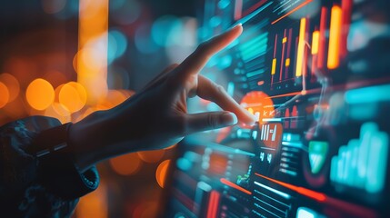 Poster - Close-up shot of a hand interacting with a digital screen displaying complex data visualizations.  The image evokes a sense of technology, innovation, and the power of data analysis.