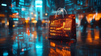 Aufkleber - Image of financial data processing over shopping bag Global shopping business finance computing and data processing concept digitally generated image : Generative AI