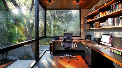 Poster - modern home office with large windows overlooking a lush green view. A sleek desk, comfortable chair, and well-organized bookshelf create a functional and inspiring workspace.