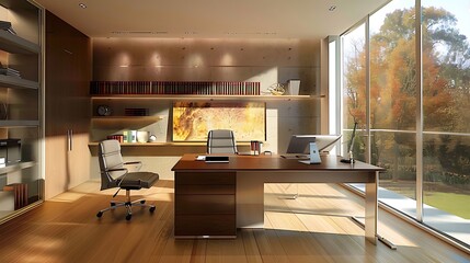 Poster - modern office interior with a large desk, two chairs, a bookshelf, and a view of a garden through a large window.  The office is well-lit and has a minimalist design.