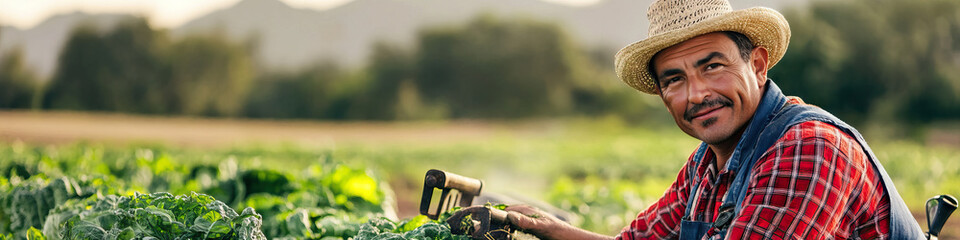 Hispanic male farmer harvesting vegetables in a field, using machinery.