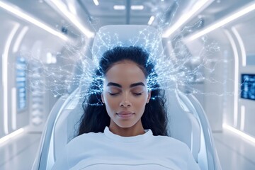 A woman in a futuristic medical setting undergoing brain stimulation highlighting the advancements in neuroscience cognitive therapy and futuristic medical technologies