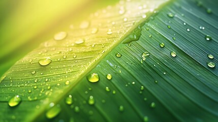 Aufkleber - Closeup of green banana leaf background with details of a leafcovered in water droplets Macro vibrant plant nature organic Abstract green leaf light : Generative AI